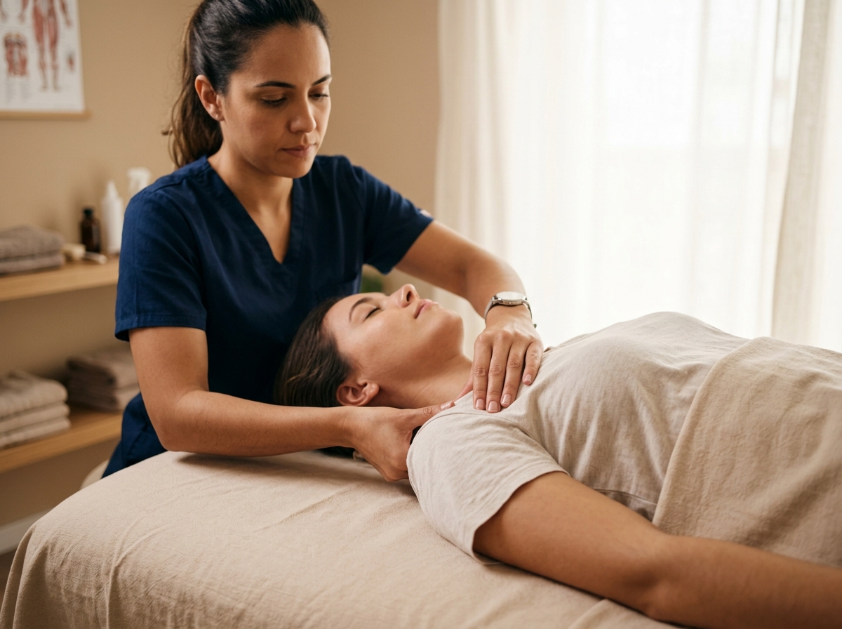 Larissa Faria Borges realizando micropalpações suaves e terapia manual integrativa em paciente na maca
